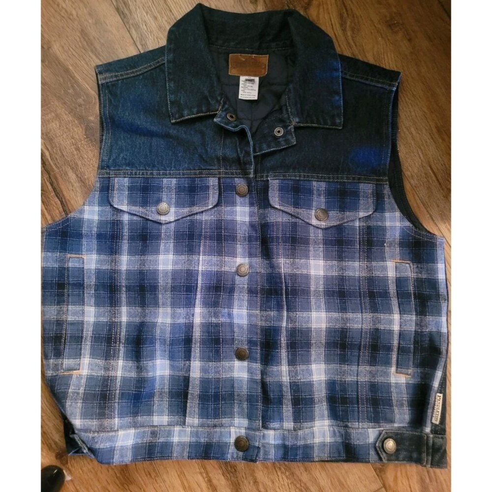 VTG Pendleton Wool Plaid / Denim Jean Vest Jacket Snap Lined Mens M ~ Womens M